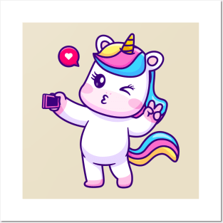 Cute Unicorn Selfie With Phone Cartoon Posters and Art